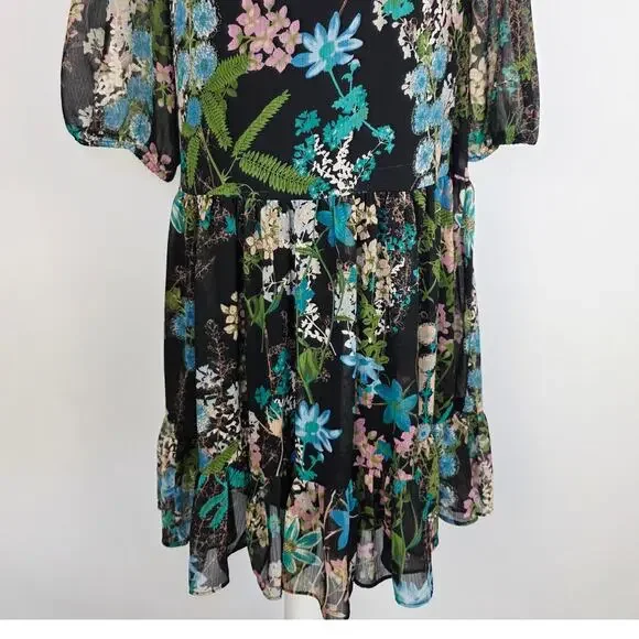 Melonie T Dress Sz 12 Black Floral Chiffon Ruffle Neck Cottage Whimsigoth Fairy - Picture 7 of 14